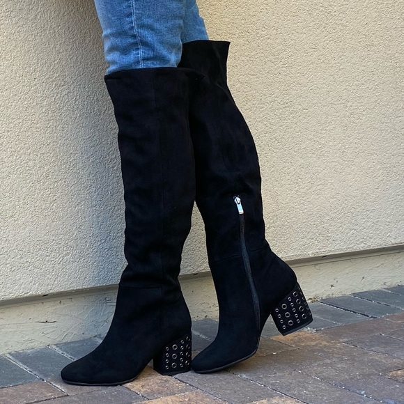 Black Studded Edgy Chunky Kitten Heel OTK Boots - Picture 2 of 8